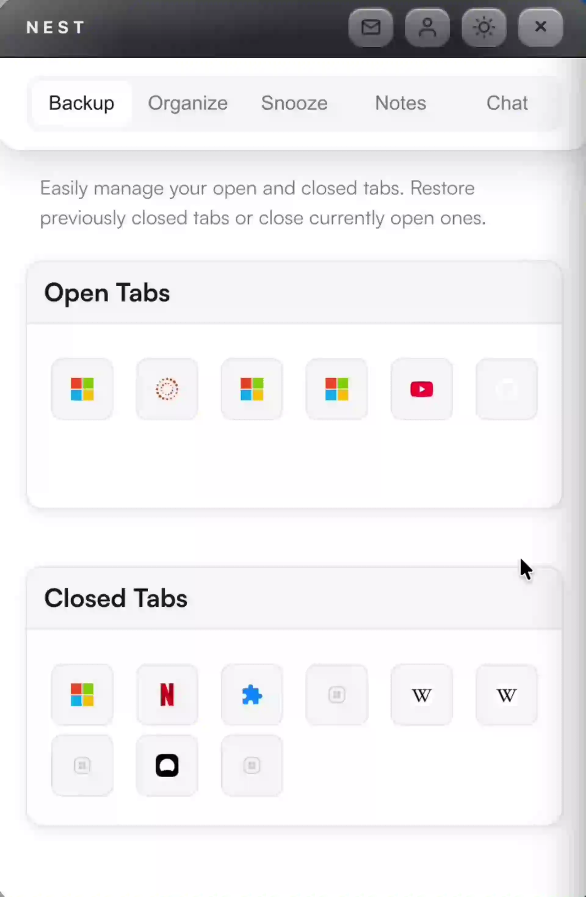 Demonstration of NEST's tab backup and restoration feature