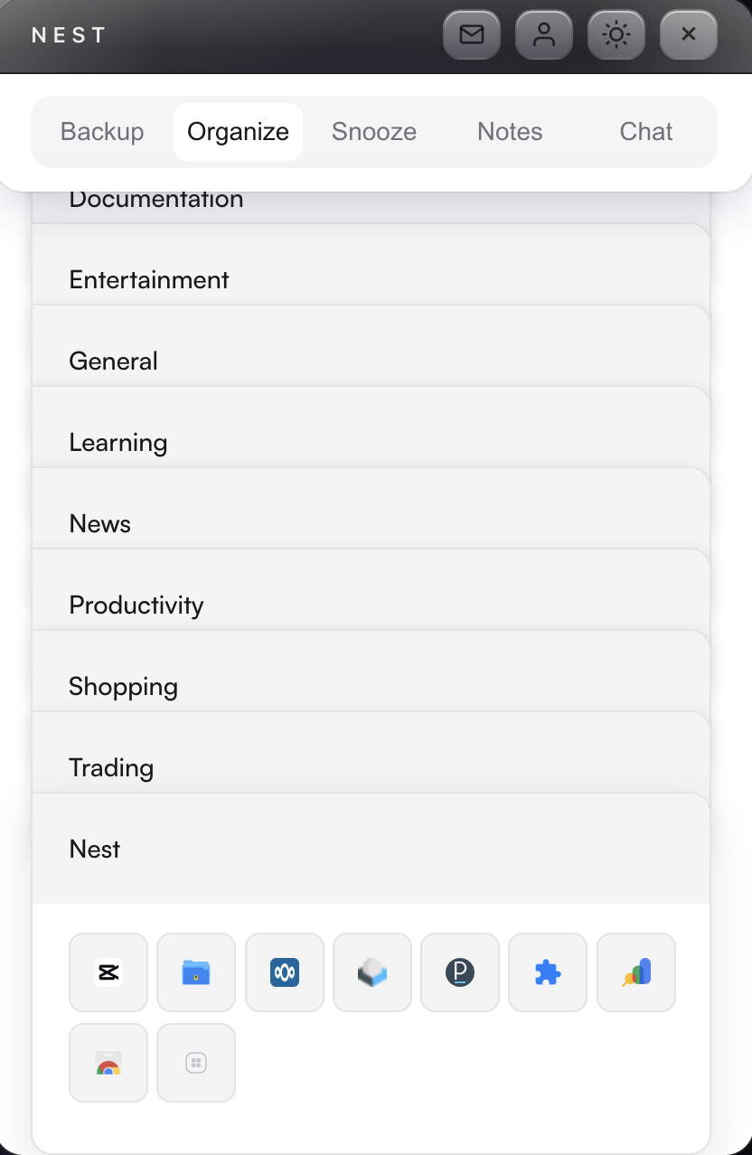 Nest tab categories interface showing organized groups.