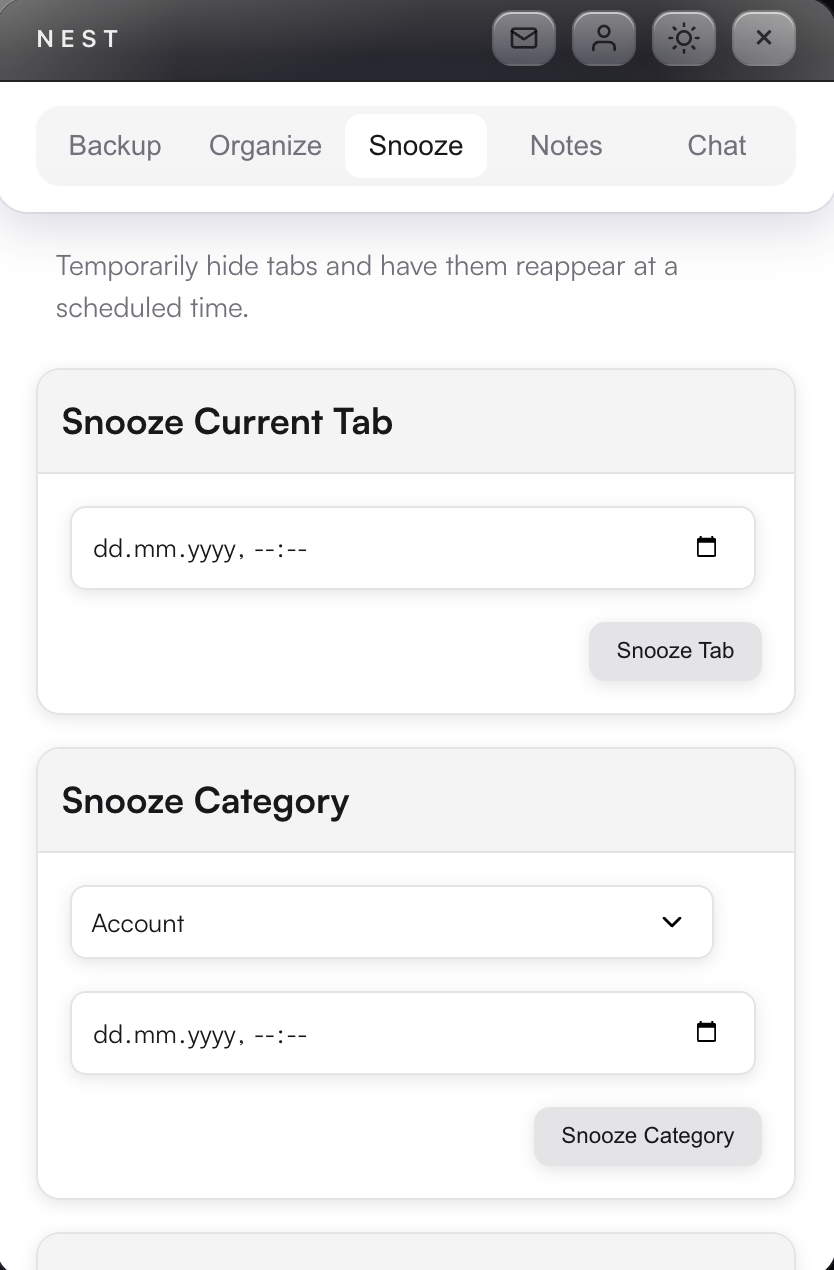 Nest snooze scheduling interface for tabs.
